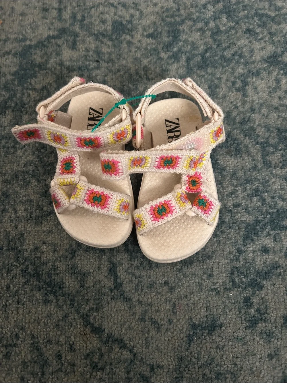 Zara White Sandals with Pink, Yellow & Green Crochet Accents
